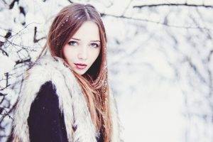 redhead, Pale, Winter, Snow, Face, Women