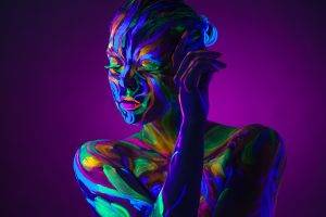 women, Neon, Purple Background, Body Paint, Colorful, Closed Eyes, Bare Shoulders