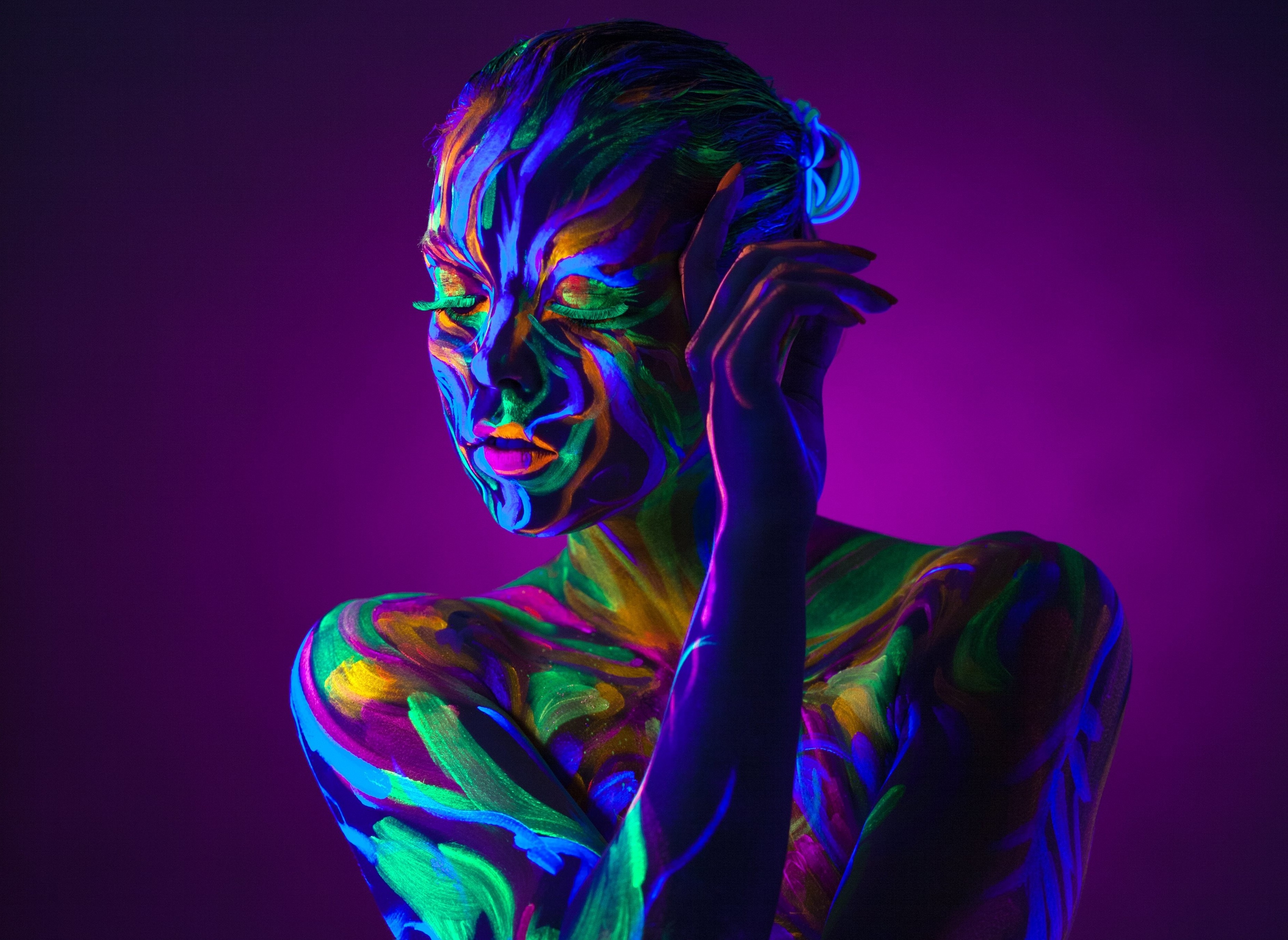 women, Neon, Purple Background, Body Paint, Colorful, Closed Eyes, Bare Shoulders Wallpaper