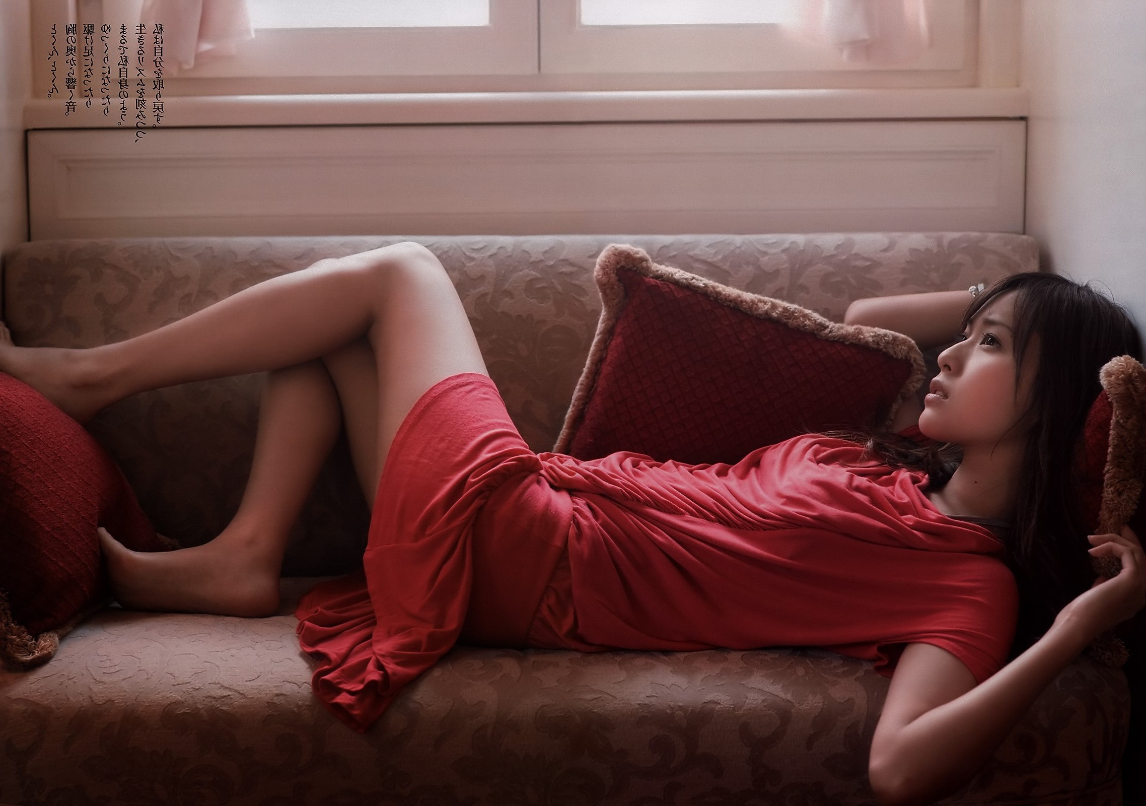 women, Asian, Couch, Red Dress, Cushions Wallpaper