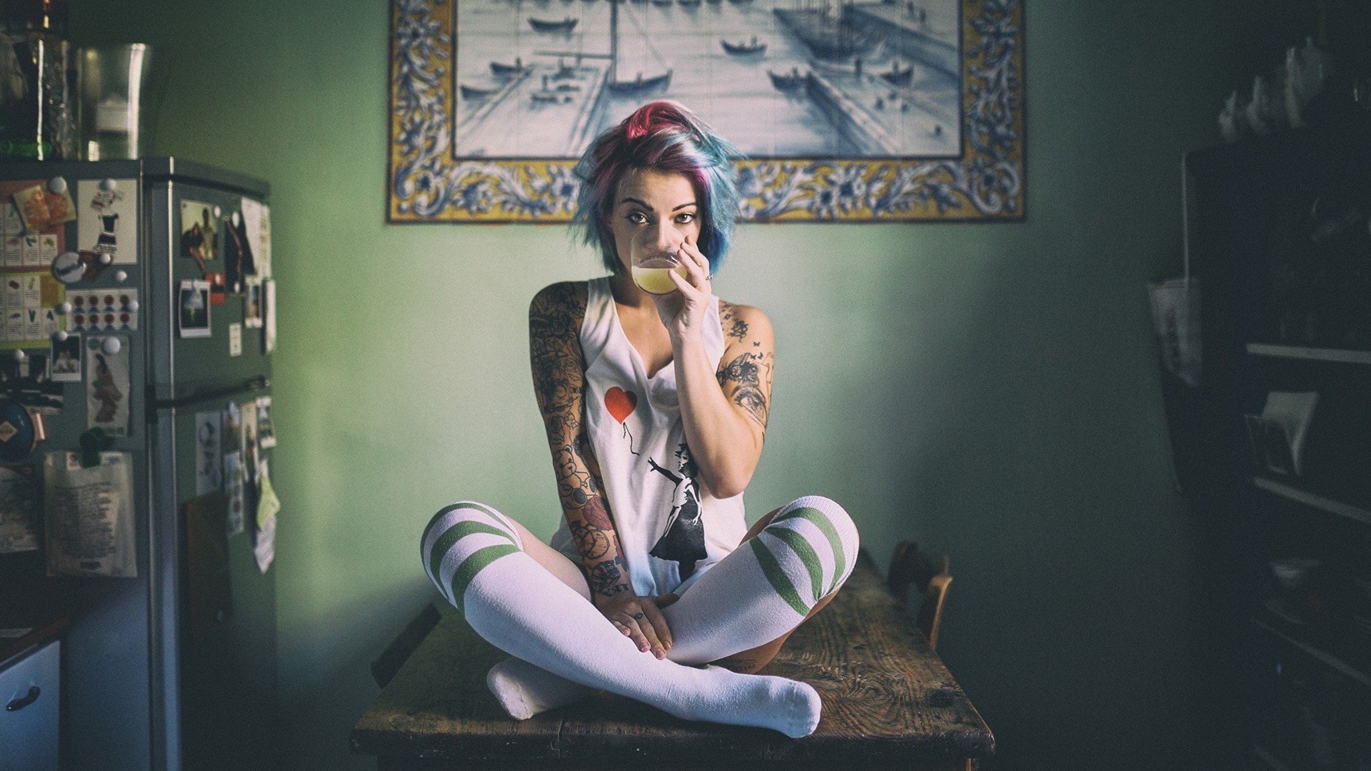 women, Tattoo, T shirt, Sitting Wallpaper