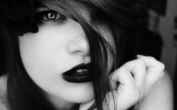women, Monochrome, Black Lipstick, Hair In Face HD Wallpaper Desktop Background