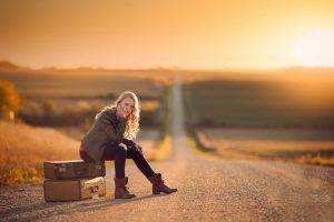 women Outdoors, Blonde, Sitting, Jake Olson, Suitcases, Nebraska, Road, Sunlight, Depth Of Field