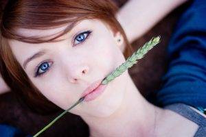 redhead, Lying Down, Looking At Viewer, Women, Blue Eyes, Face, Spikelets, Rye