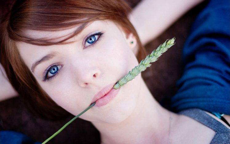 redhead, Lying Down, Looking At Viewer, Women, Blue Eyes, Face, Spikelets, Rye HD Wallpaper Desktop Background