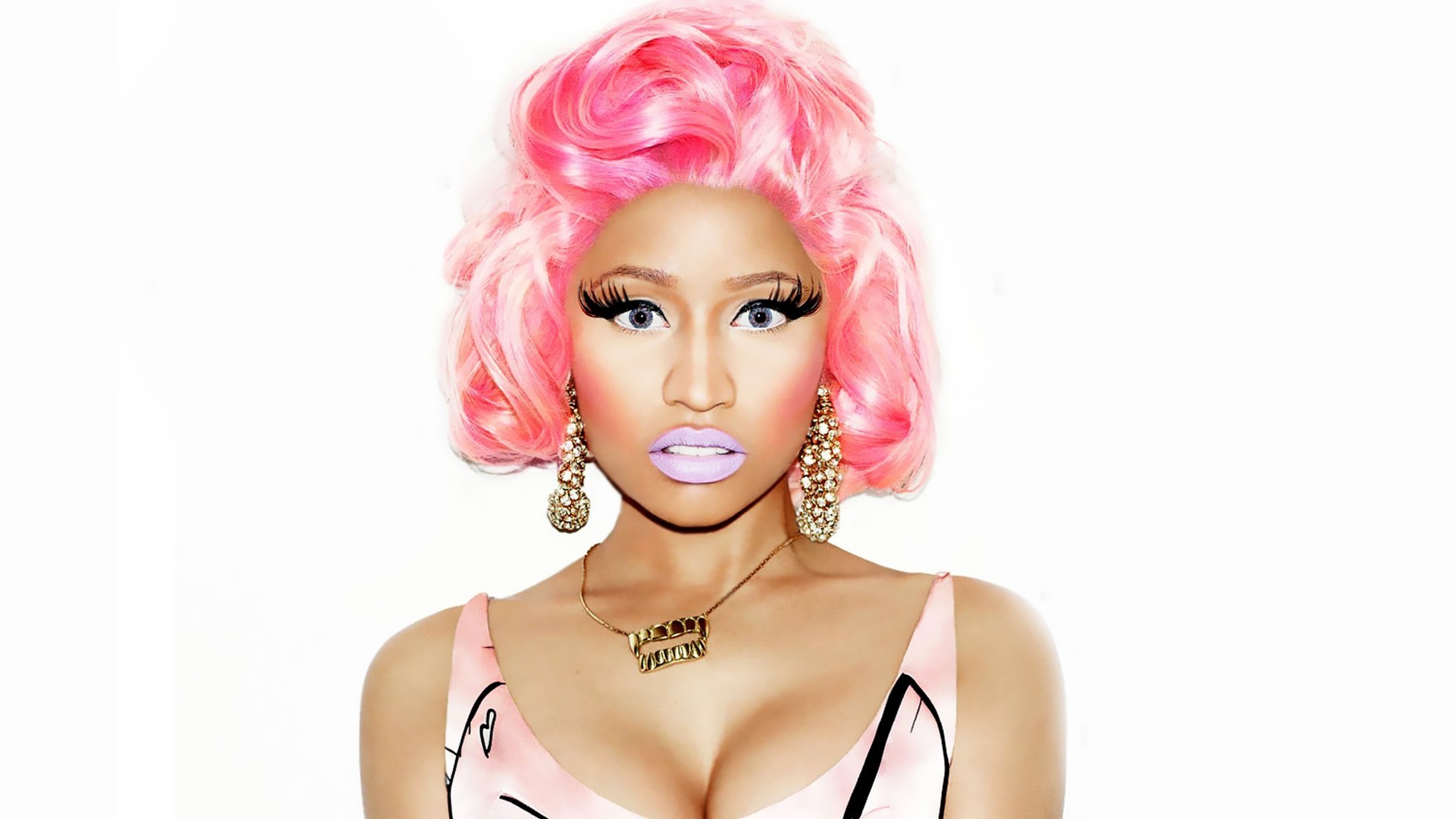 Nicki Minaj, Pink Hair, Singer, Curly Hair, Looking At Viewer, White Background, Jewelry Wallpaper