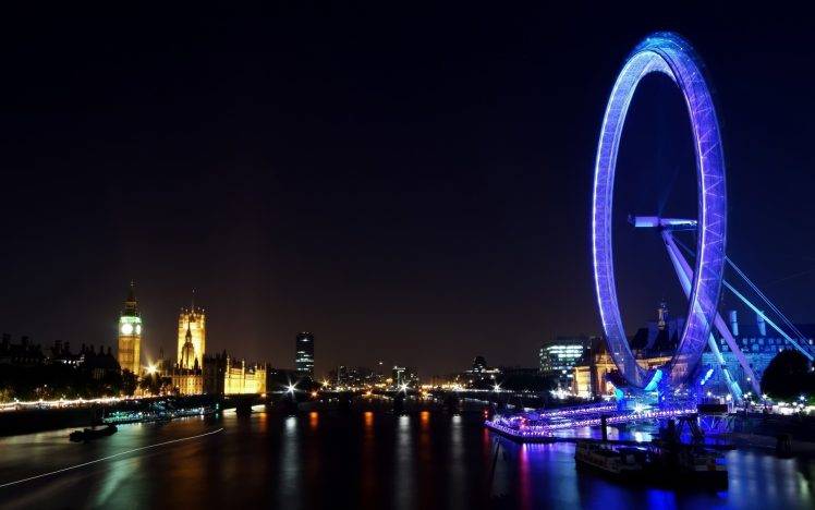 London, London Eye, Ferris Wheel, Big Ben, Lights, Night, River Thames, Westminster HD Wallpaper Desktop Background