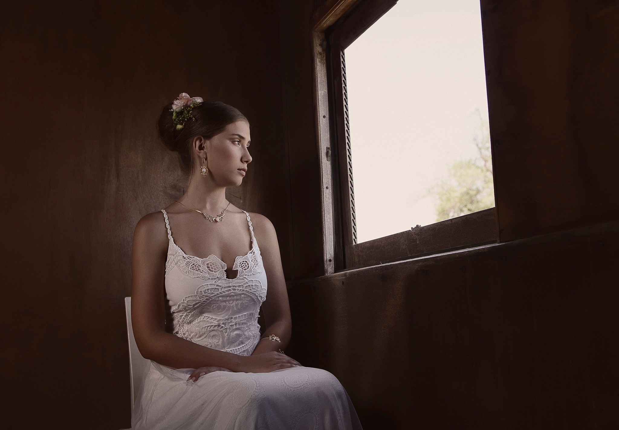 women, Sitting, Window Wallpaper