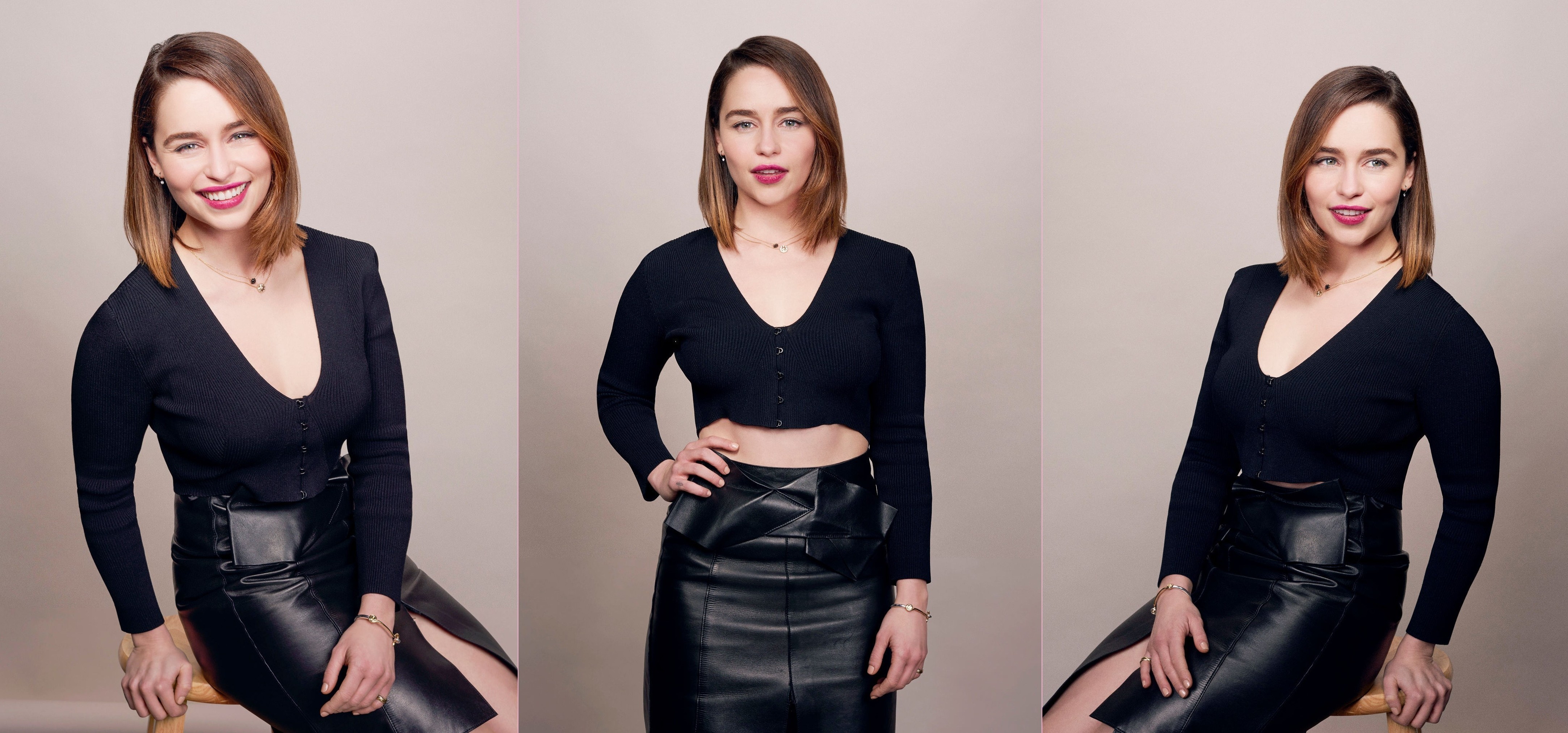 actress, Emilia Clarke, Celebrity, Women, Collage, Smiling, Leather Skirts Wallpaper