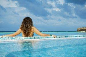 women, Model, Brunette, Long Hair, Women Outdoors, Bare Shoulders, Curly Hair, Back, Nature, Rear View, Clouds, Swimming Pool, Sea, House, Horizon, Tropical, Maldives, Holiday, Sunlight