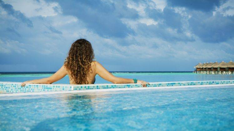 women, Model, Brunette, Long Hair, Women Outdoors, Bare Shoulders, Curly Hair, Back, Nature, Rear View, Clouds, Swimming Pool, Sea, House, Horizon, Tropical, Maldives, Holiday, Sunlight HD Wallpaper Desktop Background