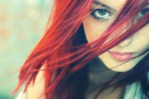 women, Redhead, Looking At Viewer, Face, Eyes, Long Hair, Green Eyes, Hair In Face, Photo Manipulation