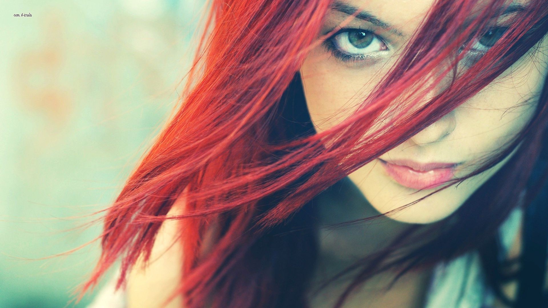women, Redhead, Looking At Viewer, Face, Eyes, Long Hair, Green Eyes, Hair In Face, Photo Manipulation Wallpaper