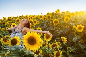 women, Model, Redhead, Women Outdoors, Short Hair, Looking Up, Bare Shoulders, Armpits, Happy, Nature, Field, Sunflowers, Smiling, Blue Dress, Sun Rays, Depth Of Field