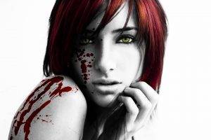 women, Face, Looking At Viewer, Long Hair, Redhead, Susan Coffey, Selective Coloring, Blood, White Background