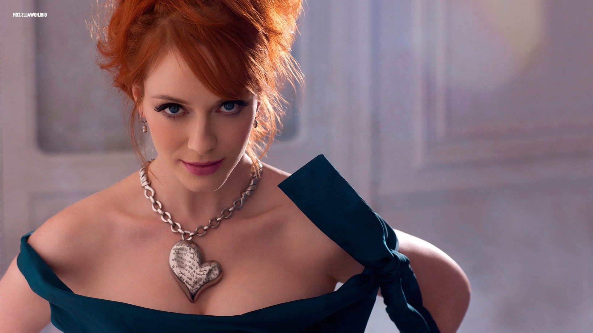 women, Redhead, Blue Eyes, Face, Looking At Viewer, Christina Hendricks, Bare Shoulders, Actress, Necklace, Dress, Blue Dress Wallpaper