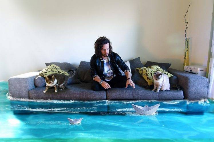 men, Cat, Animals, Couch, Water, Paper Boats, Photo Manipulation HD Wallpaper Desktop Background