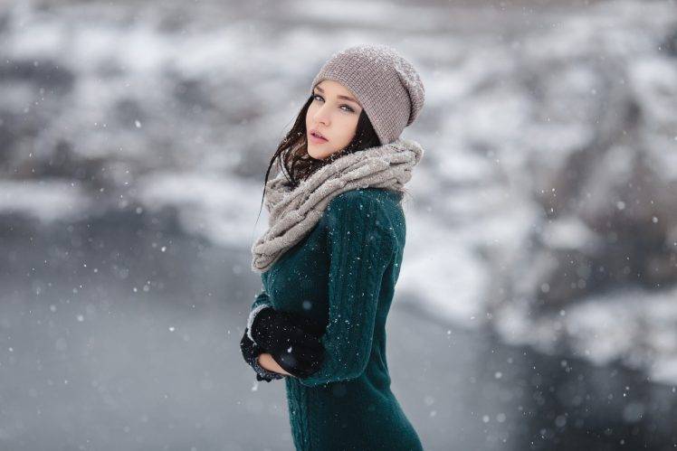 Angelina Petrova, Women, Model, Looking At Viewer, Sensual Gaze, Women Outdoors, Gloves, Snow, Portrait, Hat HD Wallpaper Desktop Background