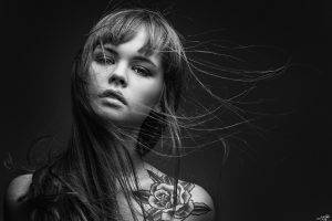 Georgy Chernyadyev, Women, Model, Long Hair, Anastasia Scheglova, Hair In Face, Looking At Viewer, Face, Straight Hair, Juicy Lips, Bare Shoulders, Monochrome, Simple Background, Tattoo