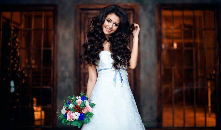women, Model, Brides, Flowers, Smiling, Wedding Dress HD Wallpaper Desktop Background