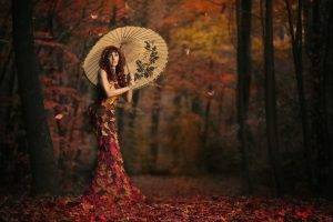 women, Model, Leaves, Umbrella