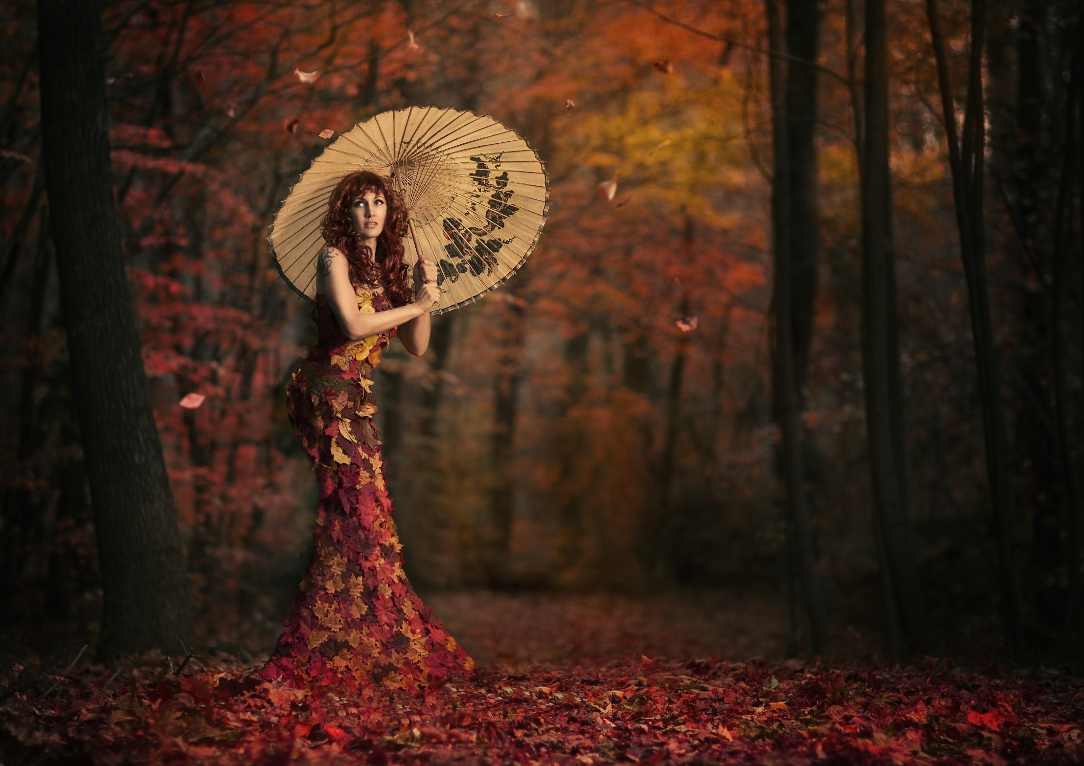 women, Model, Leaves, Umbrella Wallpaper