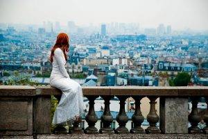 women, Model, Redhead, Balconies, City, White Dress
