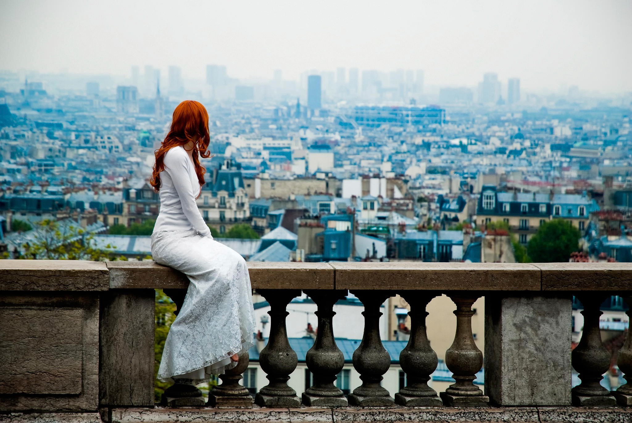 women, Model, Redhead, Balconies, City, White Dress Wallpaper