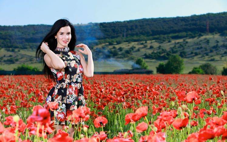 Lola Marron, Women, Looking At Viewer, Women Outdoors, Flowers, Black Hair, Dress, Poppies HD Wallpaper Desktop Background