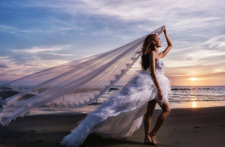 brides, Women Outdoors, Women, Model, Asian, Sea, Beach HD Wallpaper Desktop Background