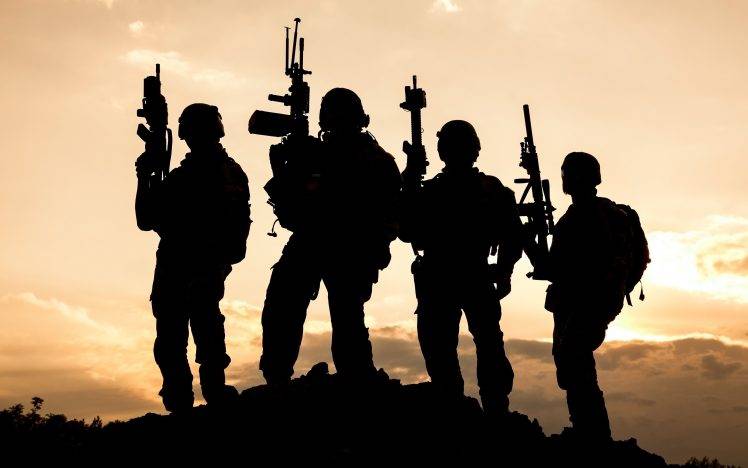 soldier, United States Army Rangers, Military, Sunset, Silhouette, Assault Rifle, Weapon HD Wallpaper Desktop Background