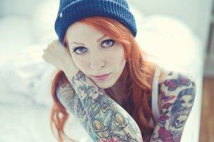 women, Redhead, Eyes, Tattoo, Hat