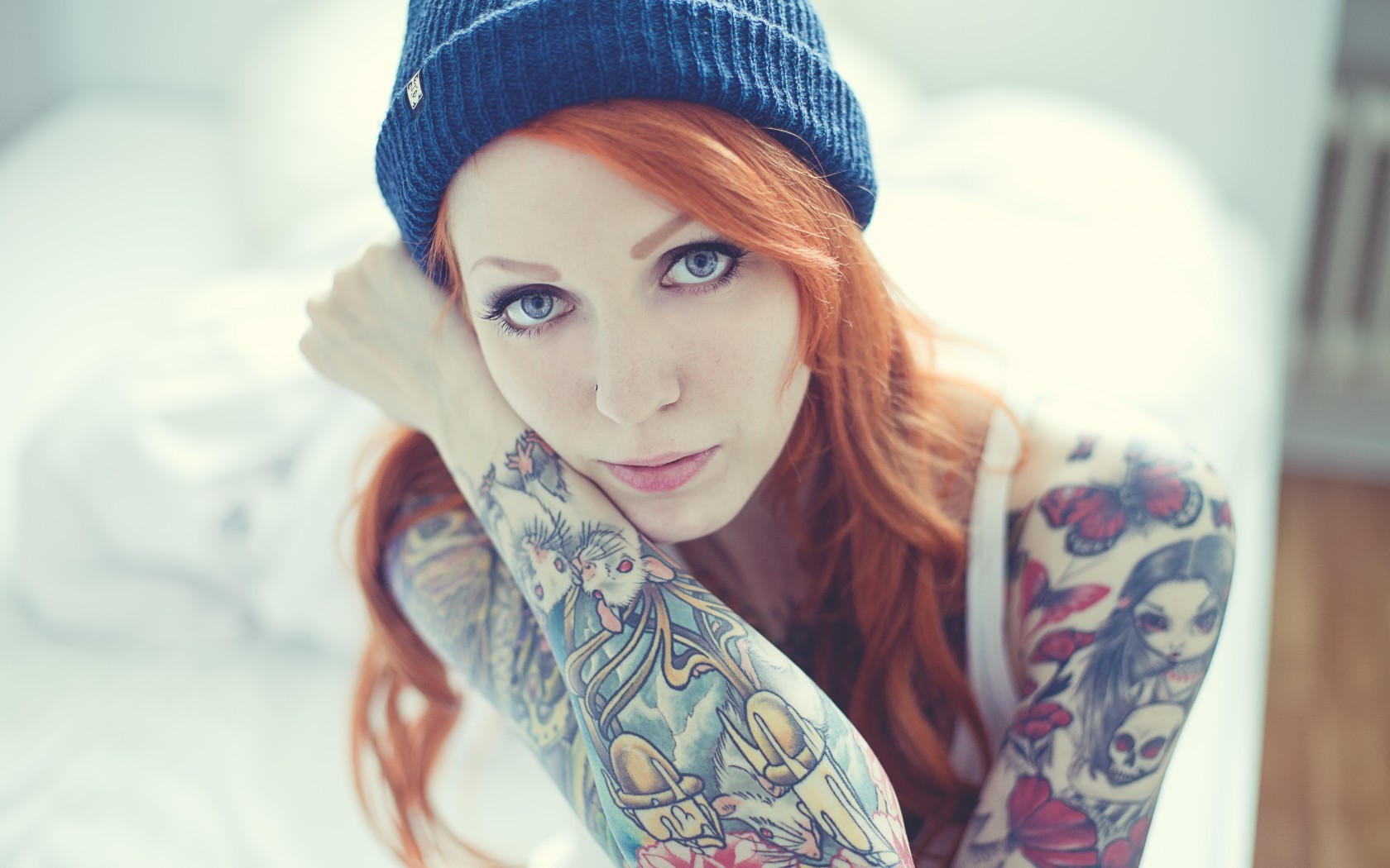 women, Redhead, Eyes, Tattoo, Hat Wallpaper