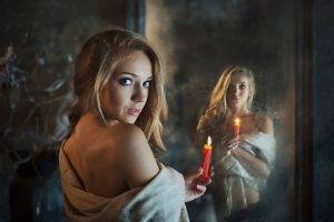 women, Model, Blonde, Long Hair, Looking At Viewer, Bare Shoulders, Blue Eyes, Open Mouth, Face, Dasha Shovkoplyas, Candles, Mirror, Reflection