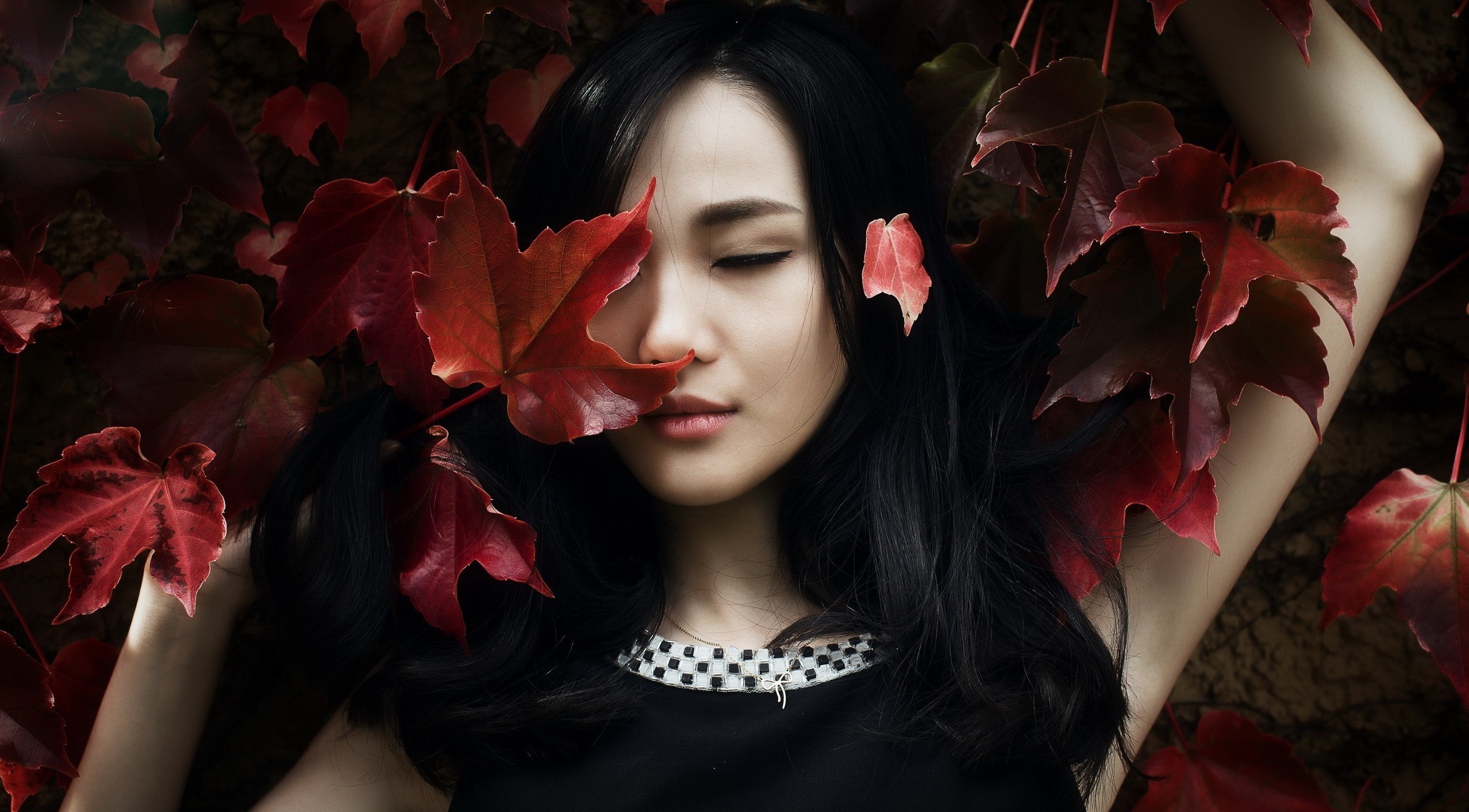 Asian, Model, Leaves Wallpaper
