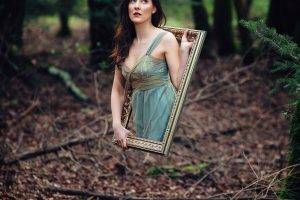 women, Model, Brunette, Long Hair, Women Outdoors, Bare Shoulders, Looking Up, Trees, Picture Frames, Photo Manipulation, Magic, Blue Dress, Nature, Forest, Mystery, Portrait Display