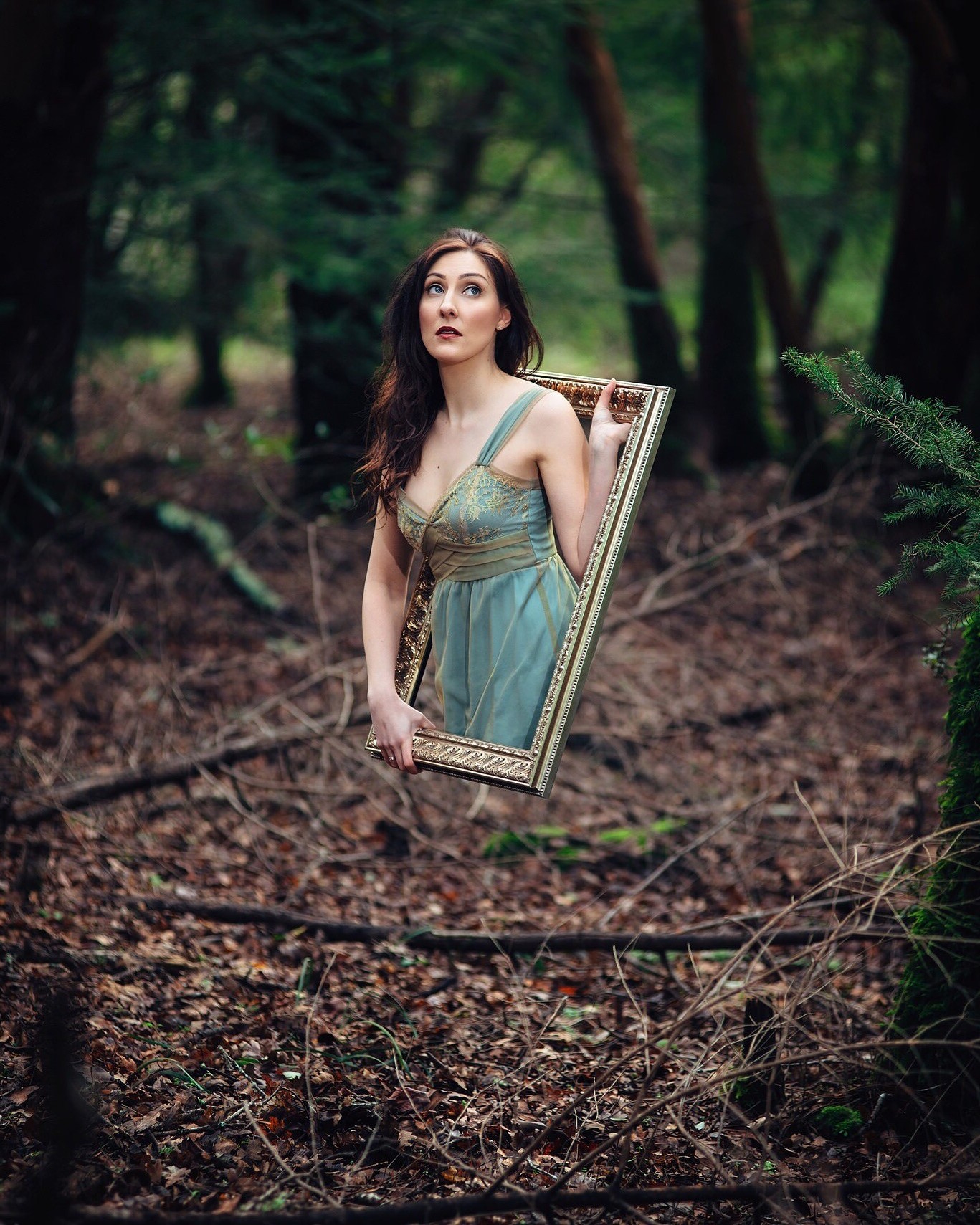 women, Model, Brunette, Long Hair, Women Outdoors, Bare Shoulders, Looking Up, Trees, Picture Frames, Photo Manipulation, Magic, Blue Dress, Nature, Forest, Mystery, Portrait Display Wallpaper