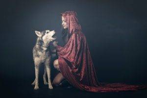 women, Model, Fantasy Art, Animals, Dog, Hoods, Robes, Red, Chains