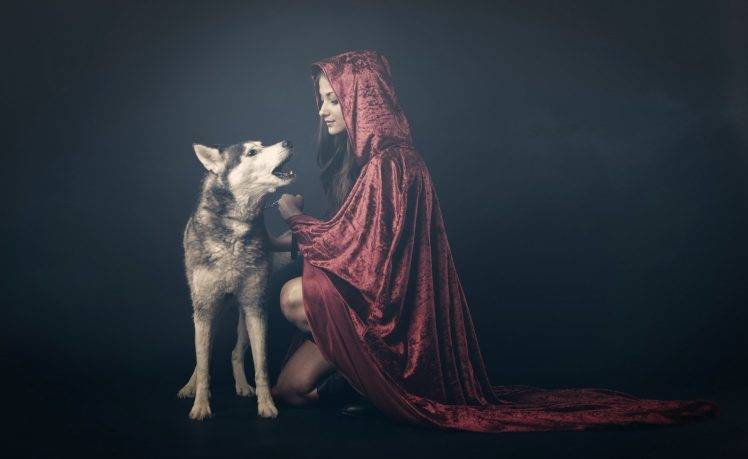 women, Model, Fantasy Art, Animals, Dog, Hoods, Robes, Red, Chains HD Wallpaper Desktop Background