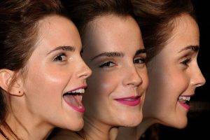 women, Actress, Brunette, Long Hair, Celebrity, Face, Emma Watson, Open Mouth, Profile, Collage, Smiling, Portrait, Red Lipstick, Photo Manipulation, Brown Eyes