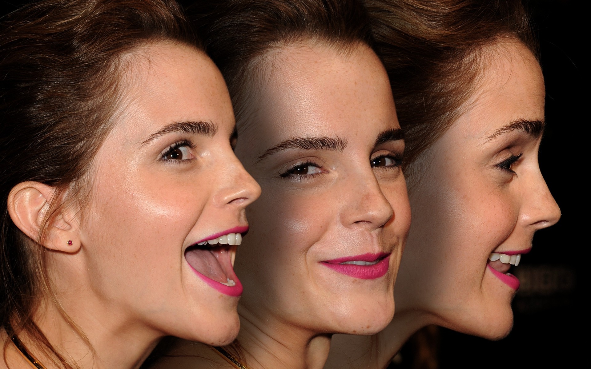 women, Actress, Brunette, Long Hair, Celebrity, Face, Emma Watson, Open Mouth, Profile, Collage, Smiling, Portrait, Red Lipstick, Photo Manipulation, Brown Eyes Wallpaper
