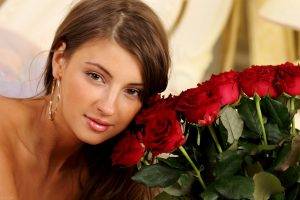 Maria Ryabushkina, Brunette, Women, Looking At Viewer, Flowers, Rose