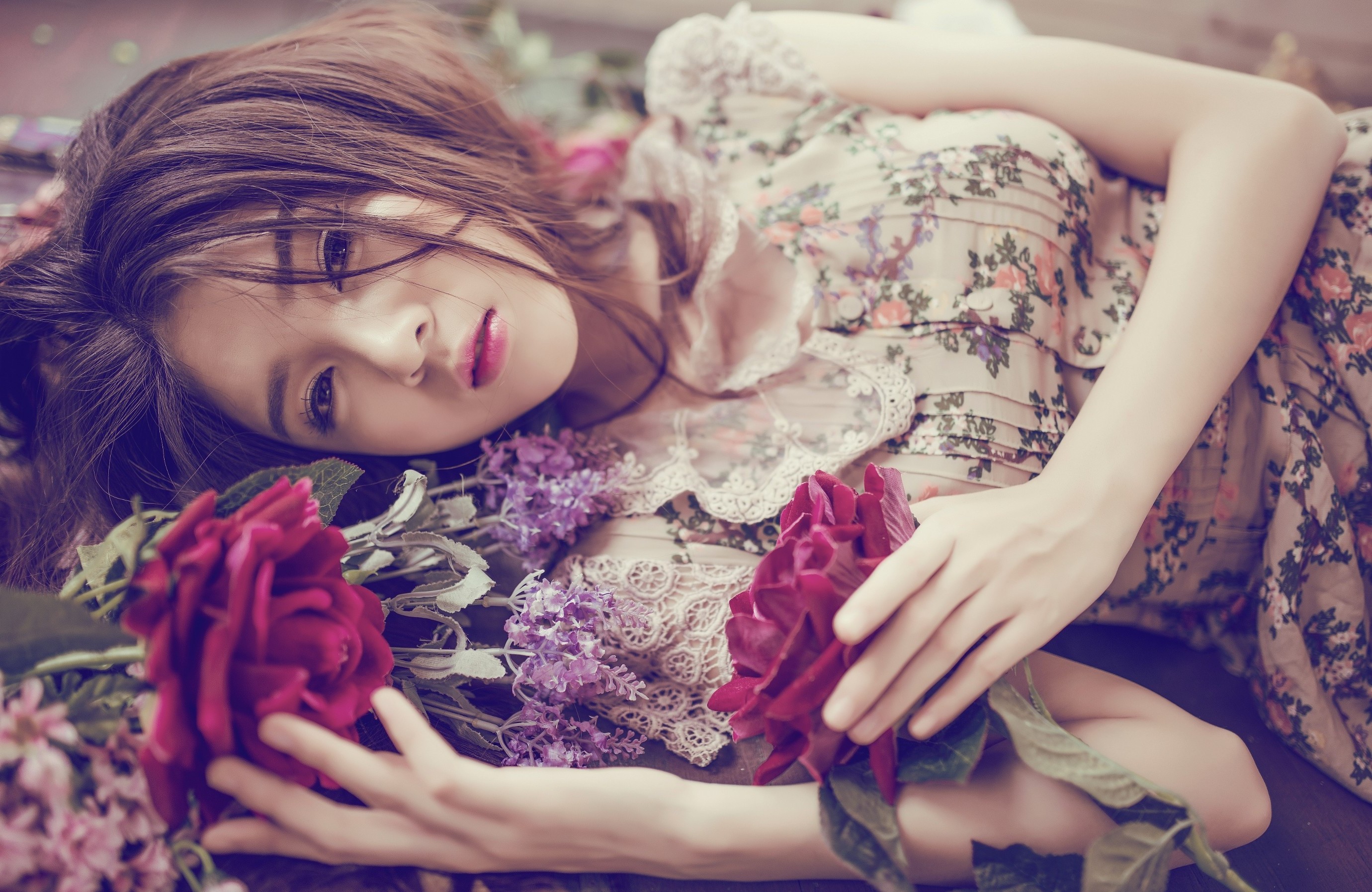Asian, Women, Model, Flowers Wallpaper