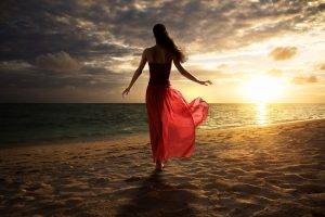 women, Brunette, Beach, Sea, Red Dress, Sun, Windy, Sand, Clouds, Nature