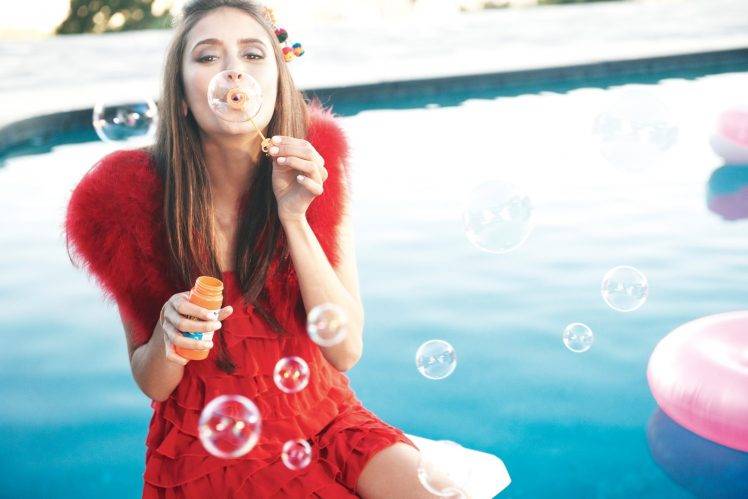 Nina Dobrev, Red Dress, Swimming Pool, Bubbles HD Wallpaper Desktop Background