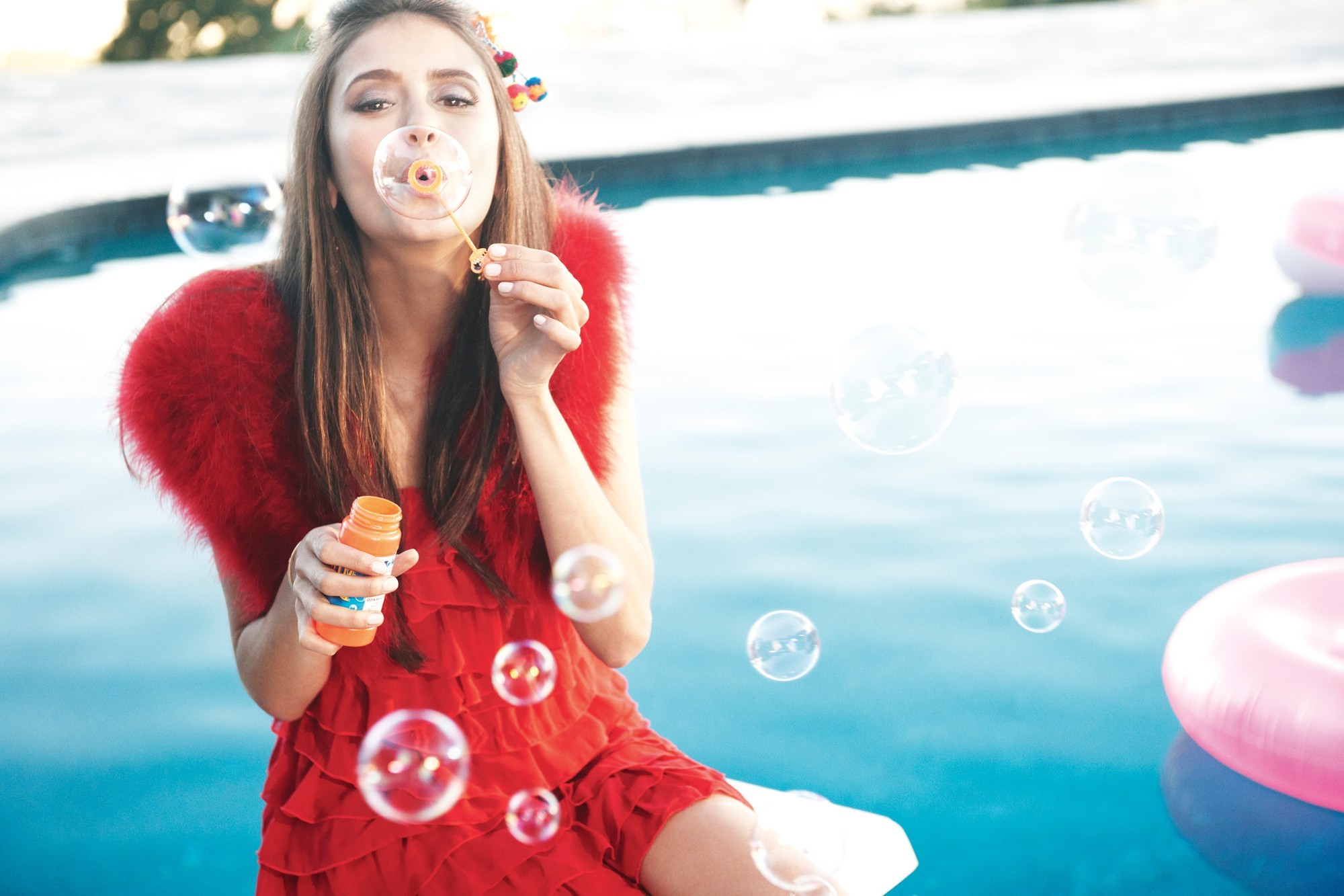 Nina Dobrev, Red Dress, Swimming Pool, Bubbles Wallpaper