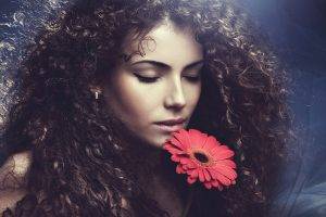 women, Model, Curly Hair, Flowers