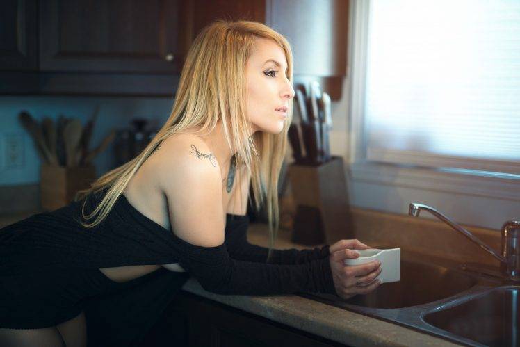 blonde, Model, Women, Tattoos, Kitchen HD Wallpaper Desktop Background