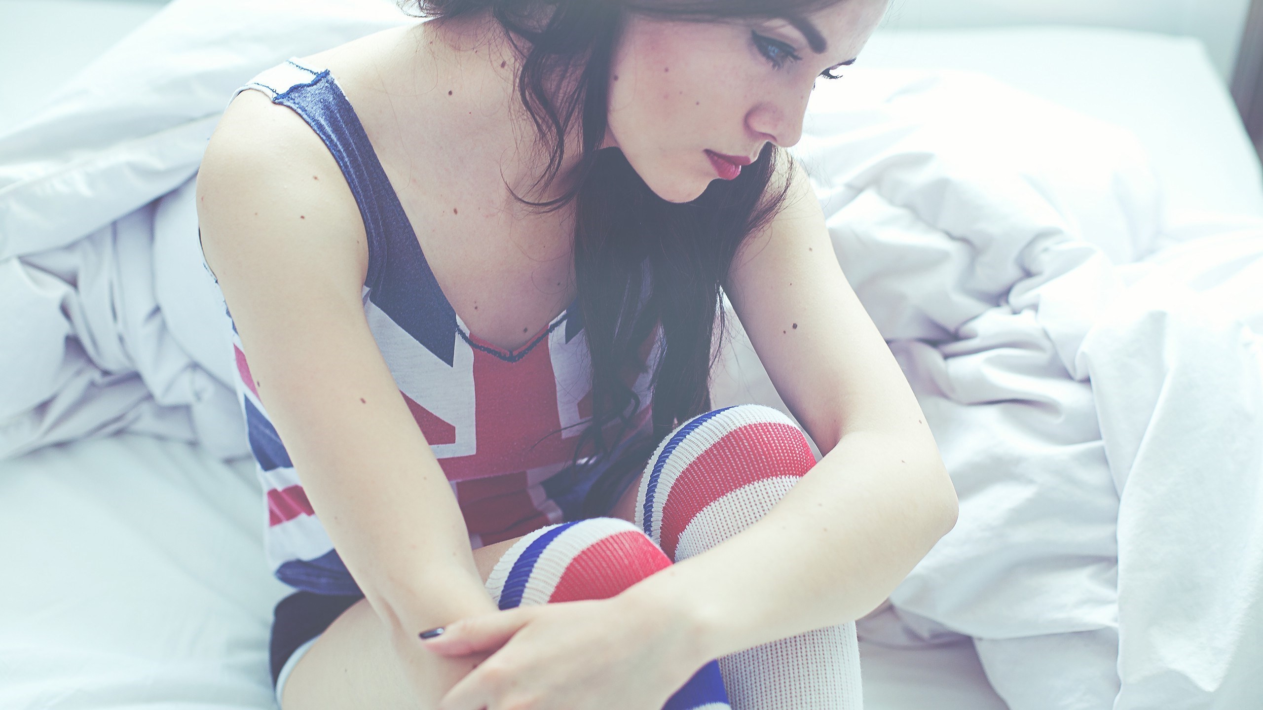 brunette, Knee highs, Thigh highs, Union Jack Wallpaper