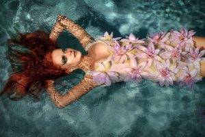 redhead, Model, Women, Wet, Water, Flowers